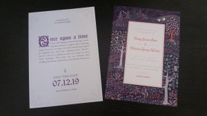 storybook style save-the-date pictured next to purple night forest wedding invitation.
