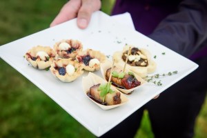 selection of appetizers, including berry goat cheese tarts, maple pork belly bites, and a mushroom goat cheese tart.