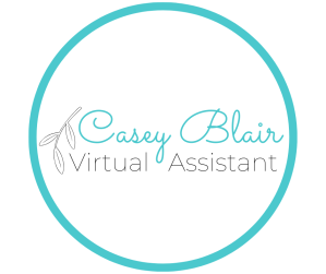 Business logo enclosed by teal circle, with leaf design and text "Casey Blair Virtual Assistant"